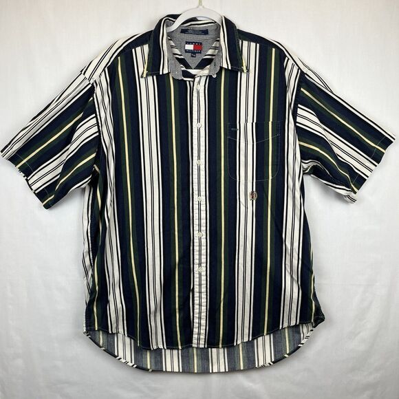 Vintage 90s Tommy Hilfiger Men's Shirt XL SS Button Up Crest Stripes Preppy Logo - Picture 2 of 12